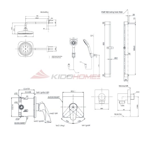 Bản vẽ kỹ thuật của bộ sen tắm TOTO TBG04304BA/TBN01001B/TBW02013B/TBW02003A/TBW02006V/TBW07018A