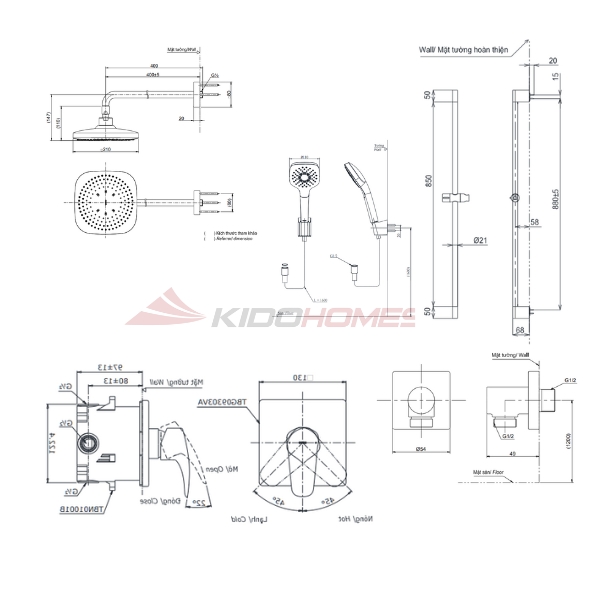 Bản vẽ kỹ thuật của bộ sen tắm TOTO TBG04304BA/TBN01001B/TBW02013B/TBW02003A/TBW02006V/TBW07018A
