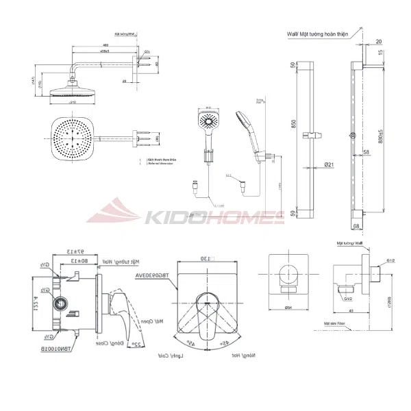 Bản vẽ kỹ thuật của bộ sen tắm TOTO TBG04304BA/TBN01001B/TBW02013B/TBW02003A/TBW02006V/TBW07018A