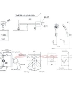 Bản vẽ kỹ thuật của bộ sen tắm âm tường TOTO TBG04304BA/TBN01001B/TBW02013B/TBW08001A/TBW2005V