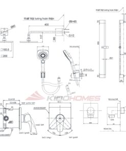 Bản vẽ kỹ thuật của bộ sen tắm âm tường TOTO TBG04304BA/TBN01001B/TBW02013B/TBW08001A/TBW2006V/TBW07018A