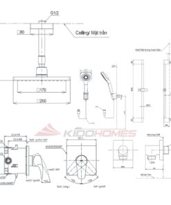 Bản vẽ kỹ thuật của bộ sen tắm âm tường TBG04304BA/TBN01001B/TBW02013B/TBW08001A1/TBW2005V/TBW07019A