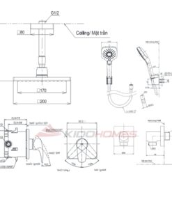 Bản vẽ kỹ thuật của bộ sen tắm âm tường TOTO TBG04304BA/TBN01001B/TBW02013B/TBW08001A1/TBW2006V