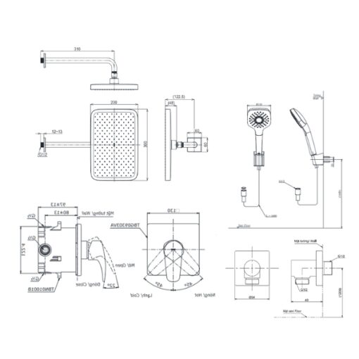 Bản vẽ kỹ thuật của bộ sen tắm âm tường TOTO TBG04304BA/TBN01001B/TBW02013B/TBW10020V/TBW02005V