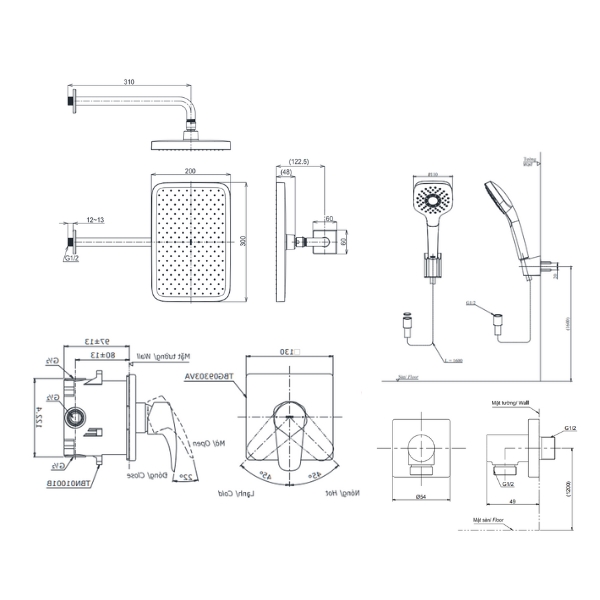 Bản vẽ kỹ thuật của bộ sen tắm âm tường TOTO TBG04304BA/TBN01001B/TBW02013B/TBW10020V/TBW02005V