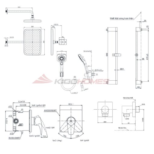Bản vẽ kỹ thuật của bộ sen tắm âm tường TOTO TBG04304BA/TBN01001B/TBW02013B/TBW10020V/TBW02006V/TBW07019A