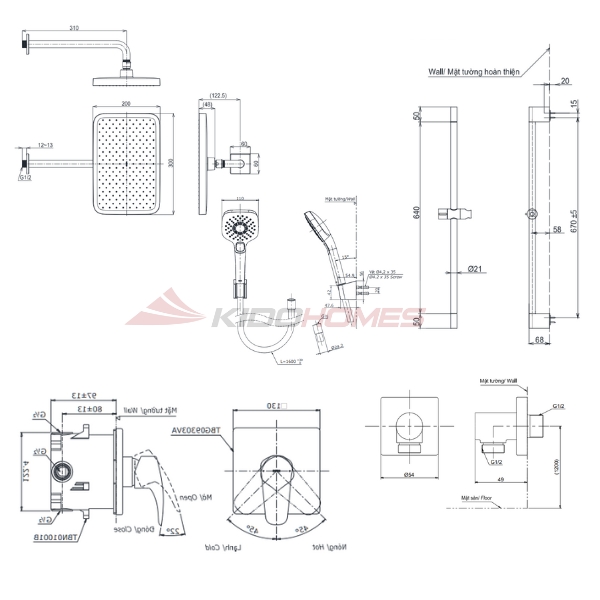 Bản vẽ kỹ thuật của bộ sen tắm âm tường TOTO TBG04304BA/TBN01001B/TBW02013B/TBW10020V/TBW02006V/TBW07019A