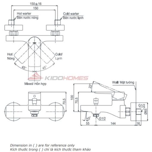 Bản vẽ kỹ thuật van sen vòi nóng lạnh TOTO TBG13302A dòng GT