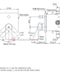 Bản vẽ kỹ thuật van sen vòi nóng lạnh âm tường kèm nút chuyển hướng TOTO TBG13304A/TBN01001B dòng GT