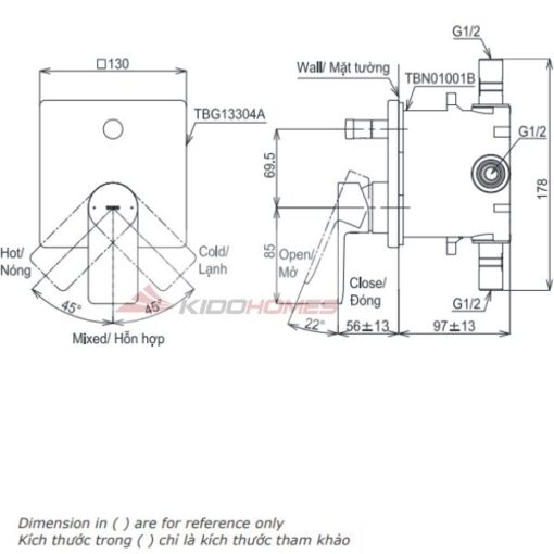 Bản vẽ kỹ thuật van sen vòi nóng lạnh âm tường kèm nút chuyển hướng TOTO TBG13304A/TBN01001B dòng GT