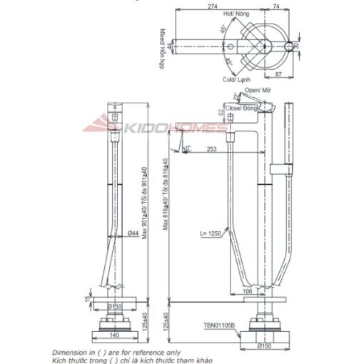 Bản vẽ kỹ thuật của vòi xả bồn tắm đặt sàn TOTO TBG13306A/TBN01105B