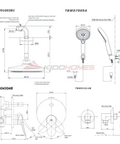Bản vẽ kỹ thuật của bộ sen tắm âm tường TOTO TBS04304B/TBW01014/TBW01003B1A/TBW07009A