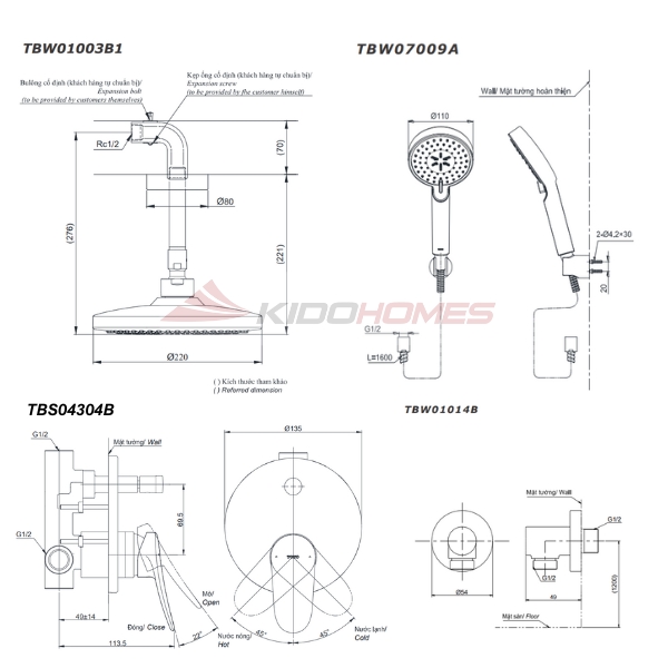 Bản vẽ kỹ thuật của bộ sen tắm âm tường TOTO TBS04304B/TBW01014/TBW01003B1A/TBW07009A
