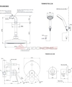 Bản vẽ kỹ thuật của bộ sen tắm âm tường TOTO TBS04304B/TBW01014/TBW01003B1A/TBW07012A