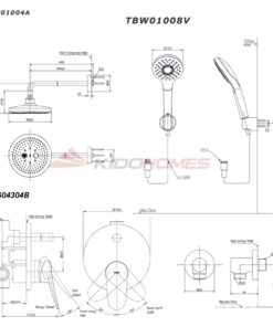 Bản vẽ kỹ thuật của bộ sen tắm âm tường TOTO TBS04304B/TBW01014/TBW01004A/TBW01008A