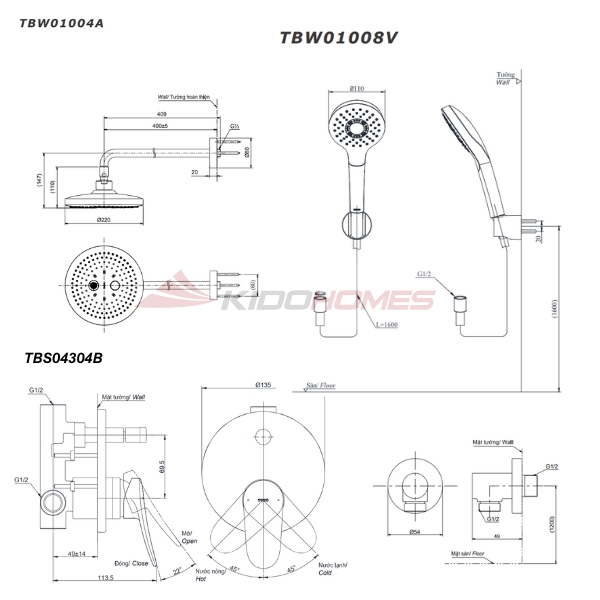 Bản vẽ kỹ thuật của bộ sen tắm âm tường TOTO TBS04304B/TBW01014/TBW01004A/TBW01008A