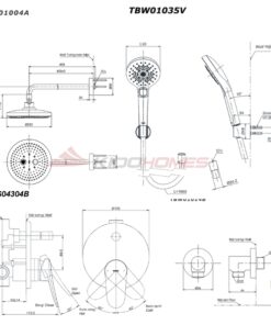 Bản vẽ kỹ thuật của bộ sen tắm âm tường TOTO TBS04304B/TBW01014/TBW01004A/TBW01035V