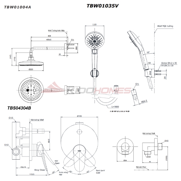 Bản vẽ kỹ thuật của bộ sen tắm âm tường TOTO TBS04304B/TBW01014/TBW01004A/TBW01035V