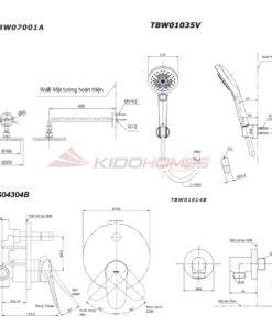 Bản vẽ kỹ thuật của bộ sen tắm âm tường TOTO TBS04304B/TBW01014/TBW07001A/TBW01035V