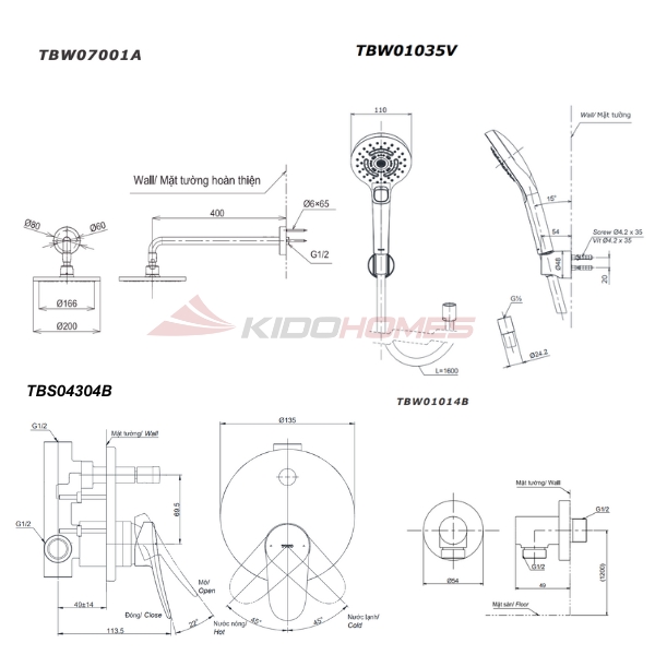 Bản vẽ kỹ thuật của bộ sen tắm âm tường TOTO TBS04304B/TBW01014/TBW07001A/TBW01035V