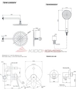 Bản vẽ kỹ thuật của bộ sen tắm âm tường TOTO TBS04304B/TBW01014/TBW10000V/TBW09000V
