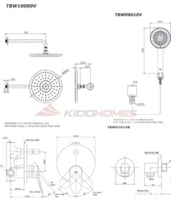 Bản vẽ kỹ thuật của bộ sen tắm âm tường TOTO TBS04304B/TBW01014/TBW10000V/TBW09010V