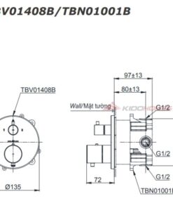 Bản vẽ kỹ thuật van điều chỉnh nhiệt độ kèm phụ kiện âm tường TOTO TBV01408B/TBN01001B