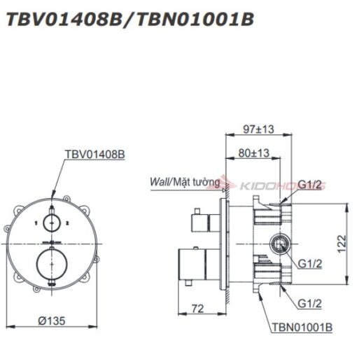 Bản vẽ kỹ thuật van điều chỉnh nhiệt độ kèm phụ kiện âm tường TOTO TBV01408B/TBN01001B