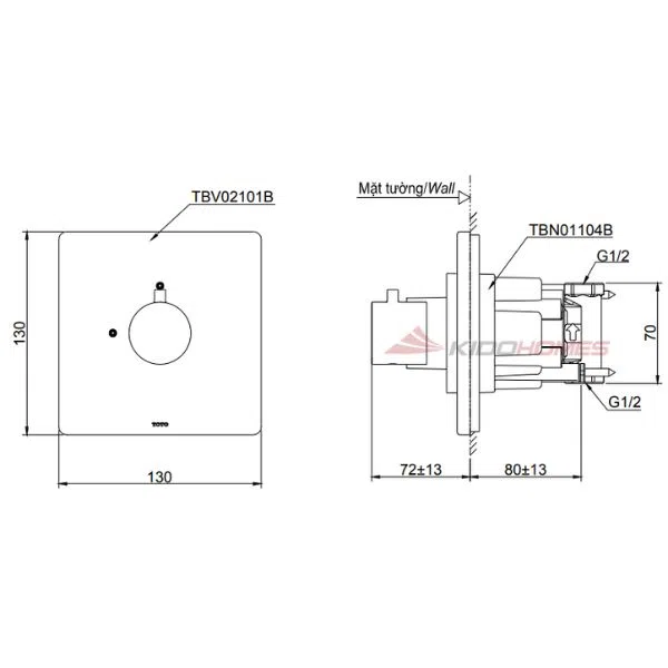 Bản vẽ kỹ thuật của van điều chỉnh âm tường TOTO TBV02101B/TBN01104B