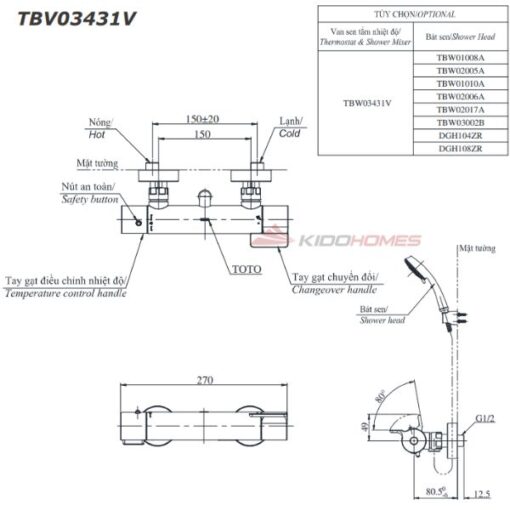 Bản vẽ kỹ thuật của sen tắm nhiệt độ TOTO TBV03431V/TBW01008A