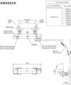 Bản vẽ kỹ thuật của bộ sen tắm nhiệt độ TOTO TBV03431V/TBW03002B