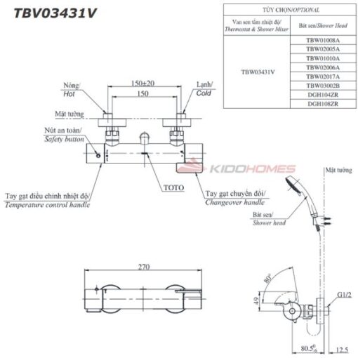 Bản vẽ kỹ thuật của bộ sen tắm nhiệt độ TOTO TBV03431V/TBW03002B