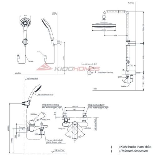 Bản vẽ kỹ thuật bộ sen tắm TOTO TBW01001BA/TBG01302VA/TBW01008V