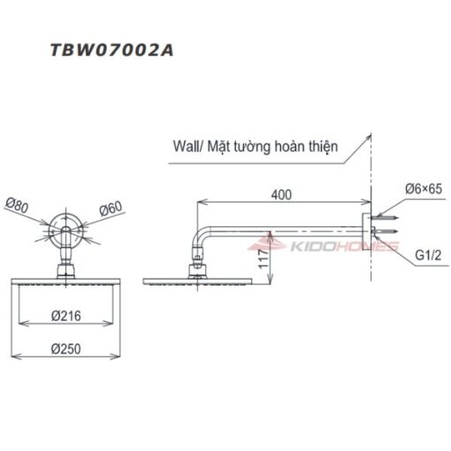 Bản vẽ kỹ thuật bát sen gắn tường TOTO TBW07002A 