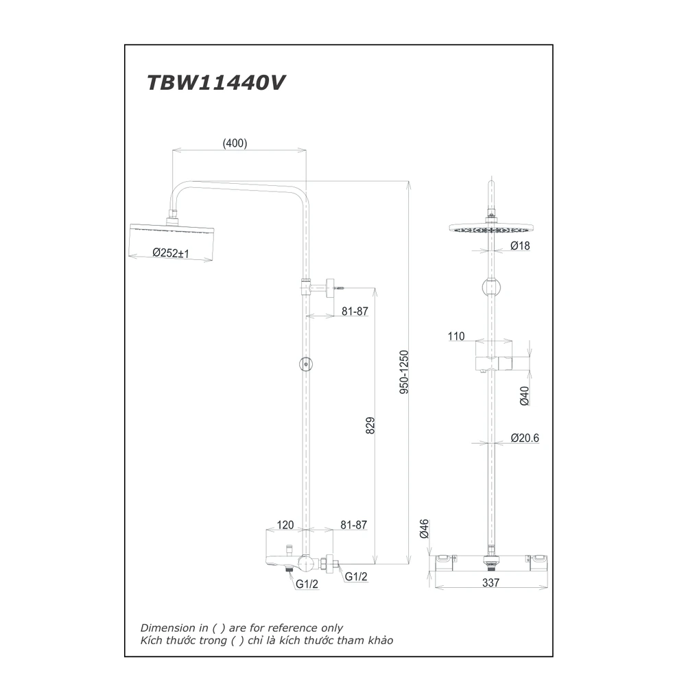 Bản vẽ kỹ thuật của sen cây nhiệt độ TOTO có vòi xả bồn TBW11440V