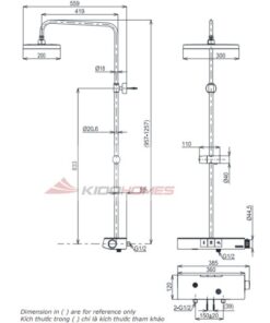 Bản vẽ kỹ thuật của sen cây nhiệt độ TOTO có kệ để đồ kèm vòi xả bồn TBW12400V