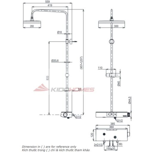 Bản vẽ kỹ thuật của sen cây nhiệt độ TOTO có kệ để đồ kèm vòi xả bồn TBW12400V