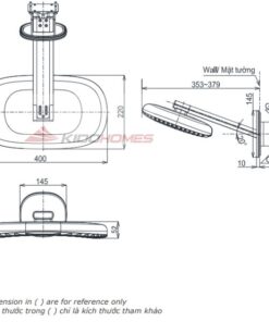 Bản vẽ kỹ thuật của bát sen gắn tường TOTO TBW15CB0A/TBN01002B dòng G