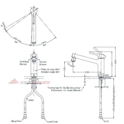 Bản vẽ kỹ thuật của vòi bếp nóng lạnh tks05303j