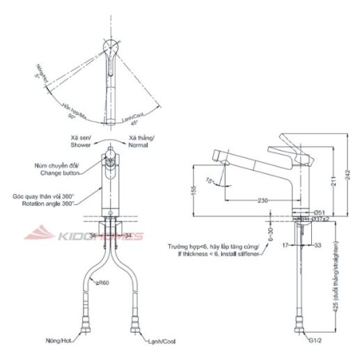 Bản vẽ kỹ thuật của vòi bếp nóng lạnh tks05304j