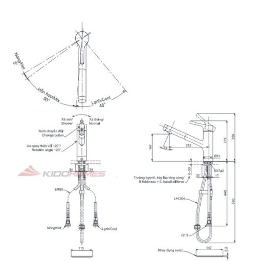 Bản vẽ kỹ thuật của vòi bếp nóng lạnh tks05305ja