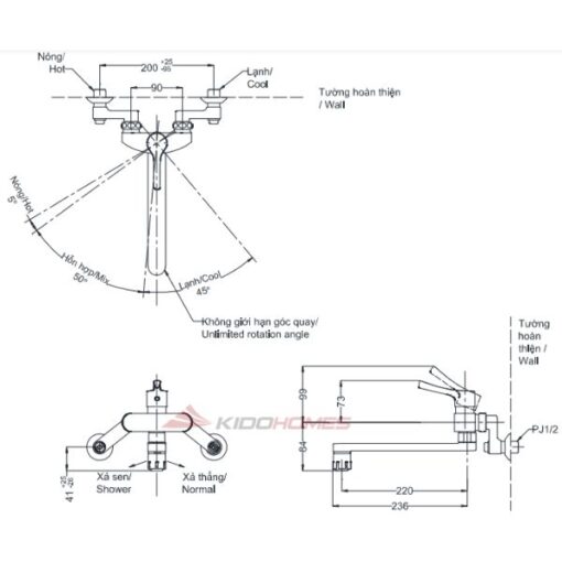 Bản vẽ kỹ thuật vòi bếp gắn tường nóng lạnh tks05316j