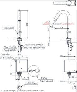 Bản vẽ kỹ thuật vòi lavabo TOTO TLE26008V cổ cao cảm ứng