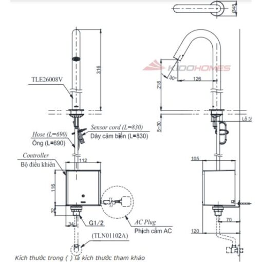 Bản vẽ kỹ thuật vòi lavabo TOTO TLE26008V cổ cao cảm ứng