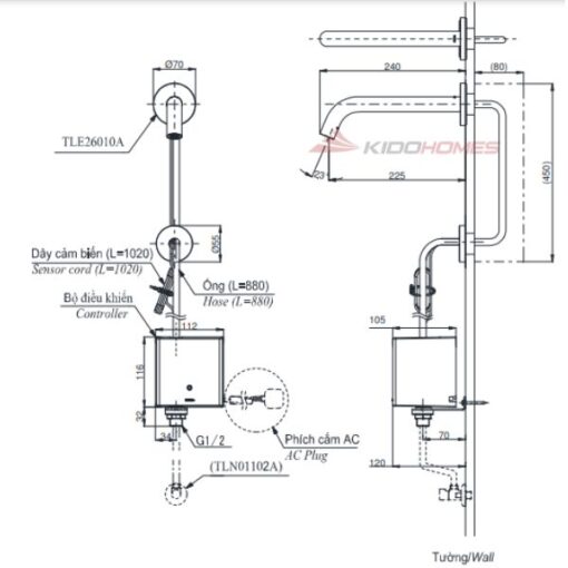 Bản vẽ kỹ thuật của vòi cảm ứng tự động TOTO TLE26010A