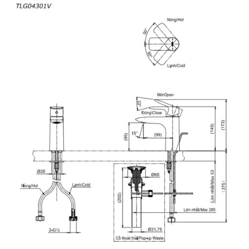 Bản vẽ kỹ thuật của vòi chậu nóng lạnh TOTO TLG04301B#BFG