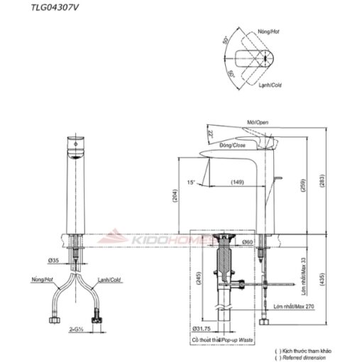 Bản vẽ kỹ thuật của vòi chậu nóng lạnh TOTO TLG04307B#MBL