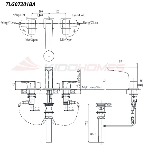 Bản vẽ kỹ thuật của vòi chậu nóng lạnh TOTO TLG07201BA#BFG