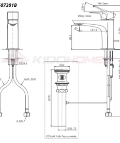 Bản vẽ kỹ thuật của vòi chậu nóng lạnh TOTO TLG07301B#MBL