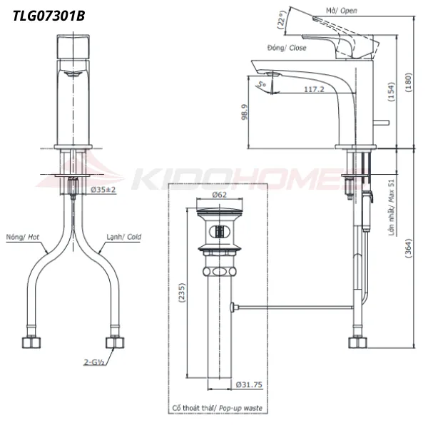 Bản vẽ kỹ thuật của vòi chậu nóng lạnh TOTO TLG07301B#MBL